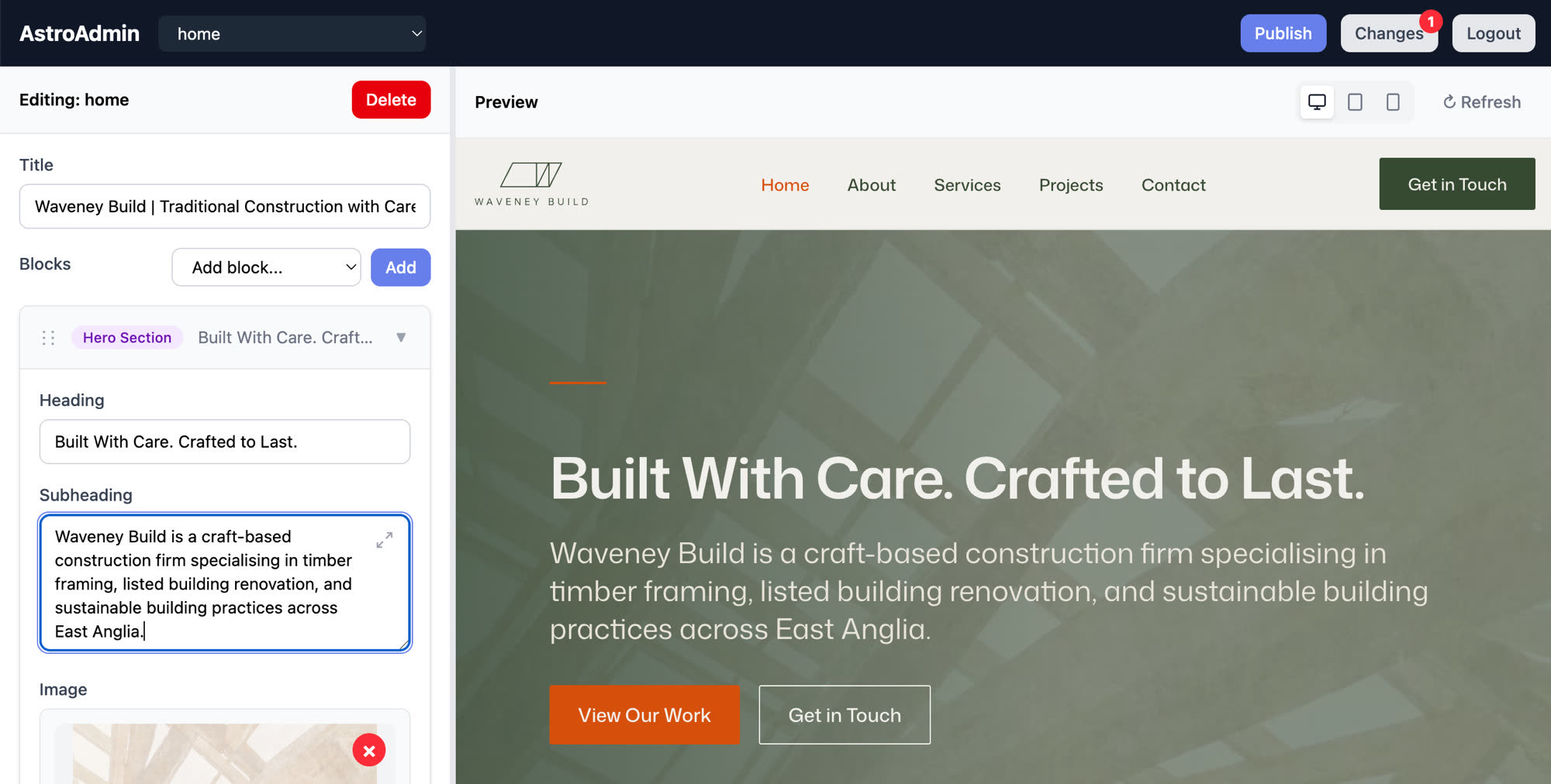 The AstroAdmin editor: on the left, a form for the page's hero block — heading, subheading, and image fields — generated from the site's schema; on the right, the site itself rendered live in its own dev server.